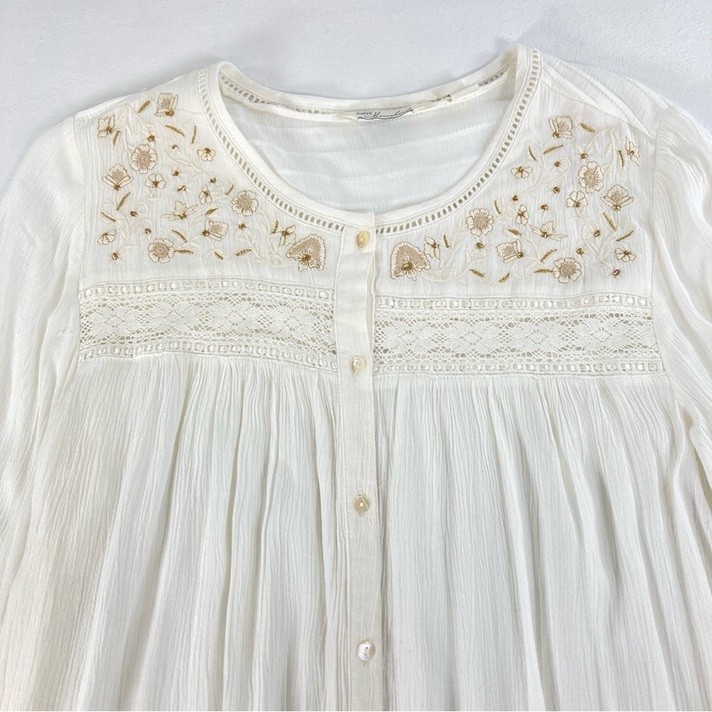 Caffe Marrakesh Top Womens M Button Up Embroidered Ruched Back Long Sleeves - Picture 2 of 16